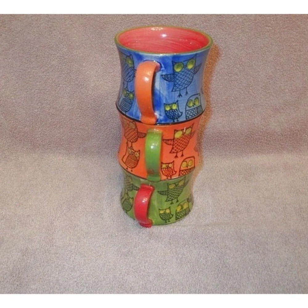 Pier 1 Imports Stacking Stoneware Mugs Set Of 3 Hand Painted Whimsical Bird Owl